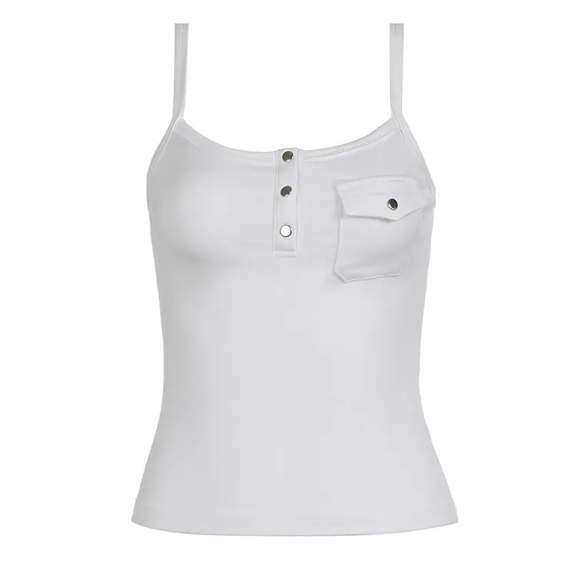 Rockmore Women's Sleeveless Camis Top Slim Fit Slash Neck Casual Solid White Pockets 2025 Summer Fashion Streetwear Tank Top