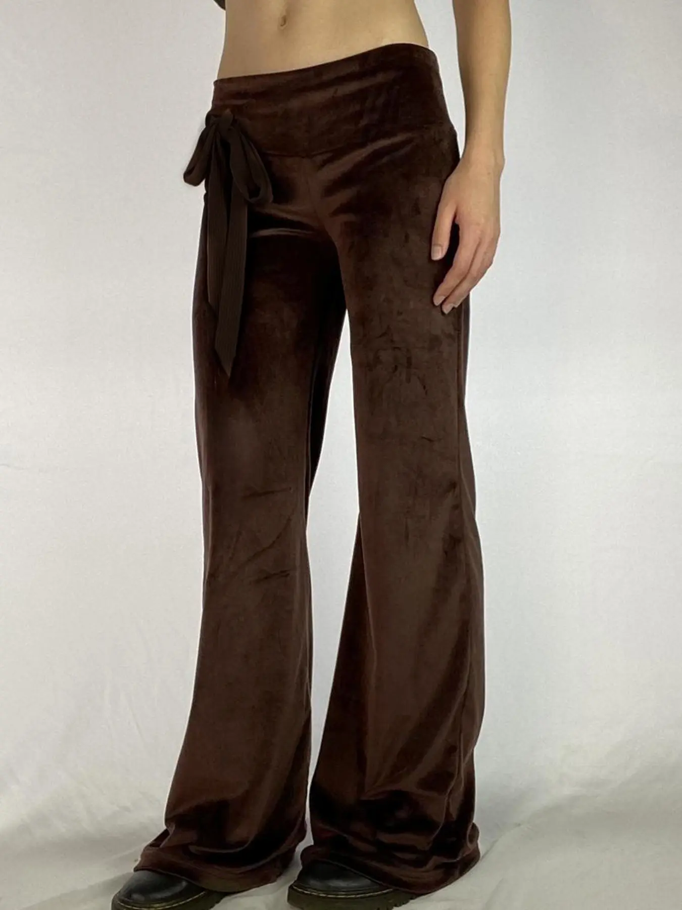 Rockmore Autumn Winter Silver Fox Velvet Pants Women Casual Solid Straight All-match Elegant Lace-up Waist Trousers Y2k Clothing