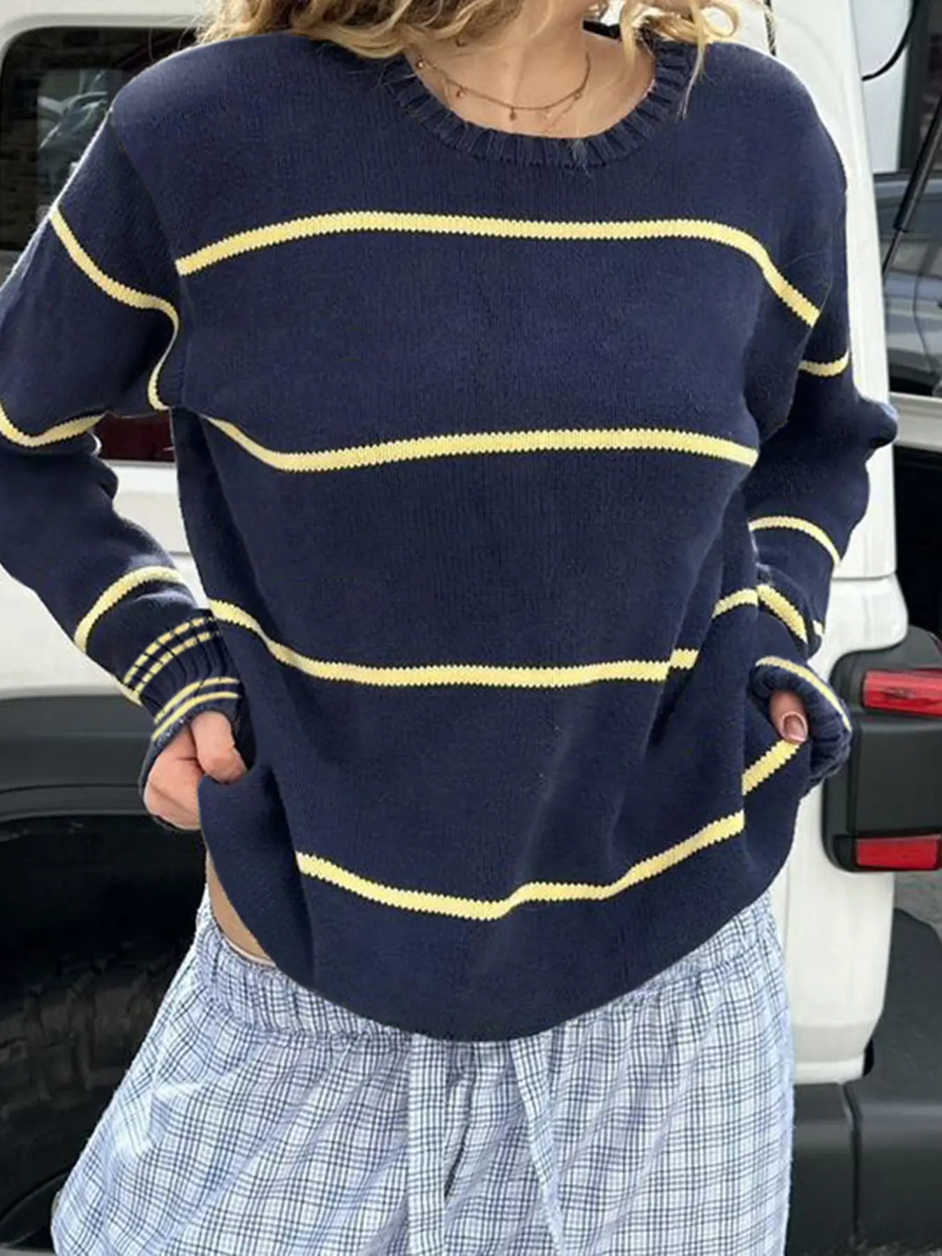 Rockmore Blue O-neck Striped Patchwork Sweater Chic Streetwear Autumn Winter Long Sleeve Pullover Women Elegant Casual Loose Top