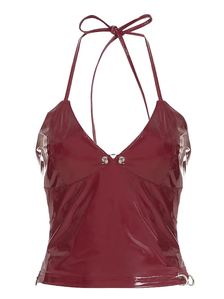 Rockmore Summer PU Camisole Faux Leather Y2K Aesthetic Metal Button Low-Cut Crop Tops Women Punk Baddie Tank Top Vintage Clothes