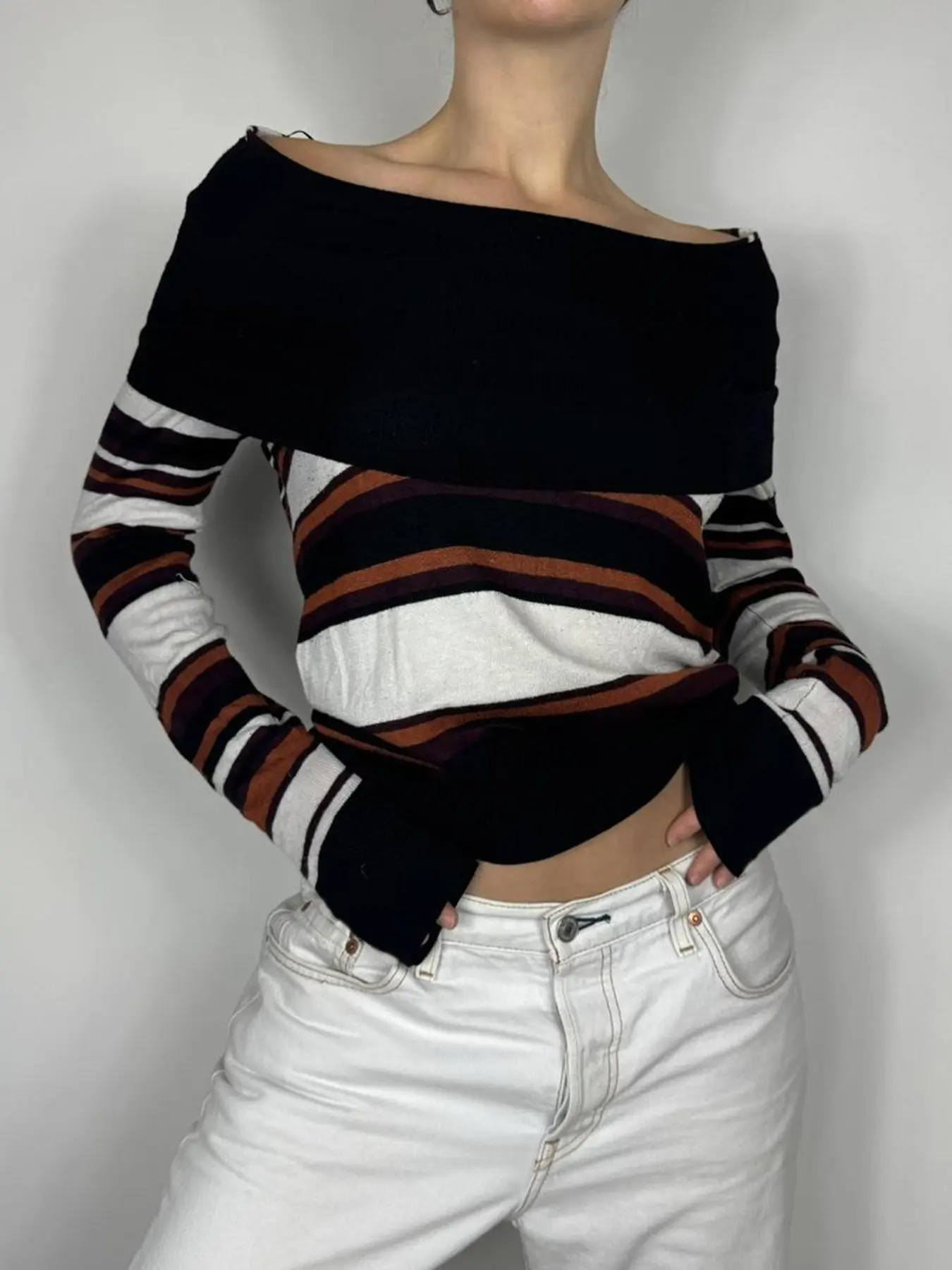 Rockmore Off Shoulder Stripe Knitted Sweaters Streetwear Clothes Women's Pullovers Harajuku Tops Y2k Aesthetic Jersey Mujer 2024