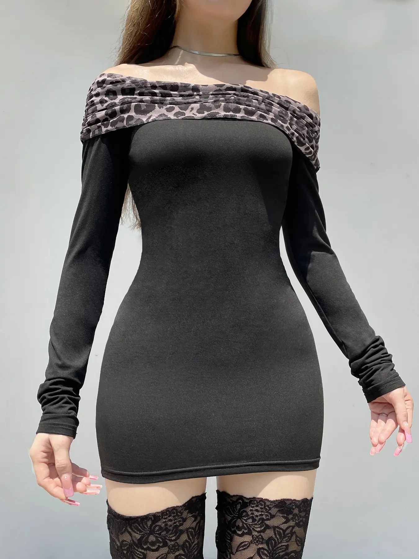 Rockmore Leopard Print Mesh Patchwork Folds Off-Shoulder Dress Vintage Slim Sexy Skinny Party Club Mini Dresses Lady Y2k Clothes