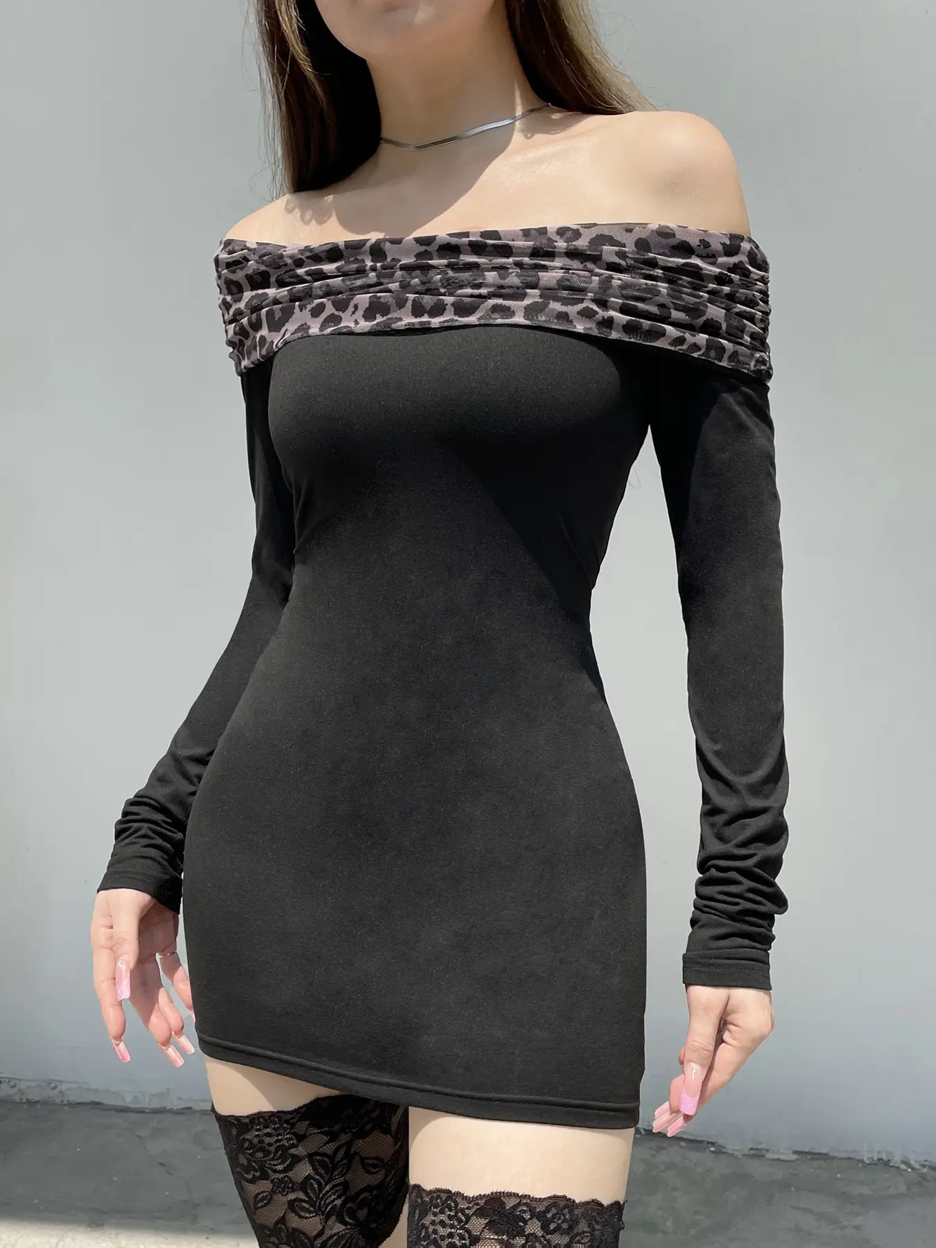 Rockmore Leopard Print Mesh Patchwork Folds Off-Shoulder Dress Vintage Slim Sexy Skinny Party Club Mini Dresses Lady Y2k Clothes