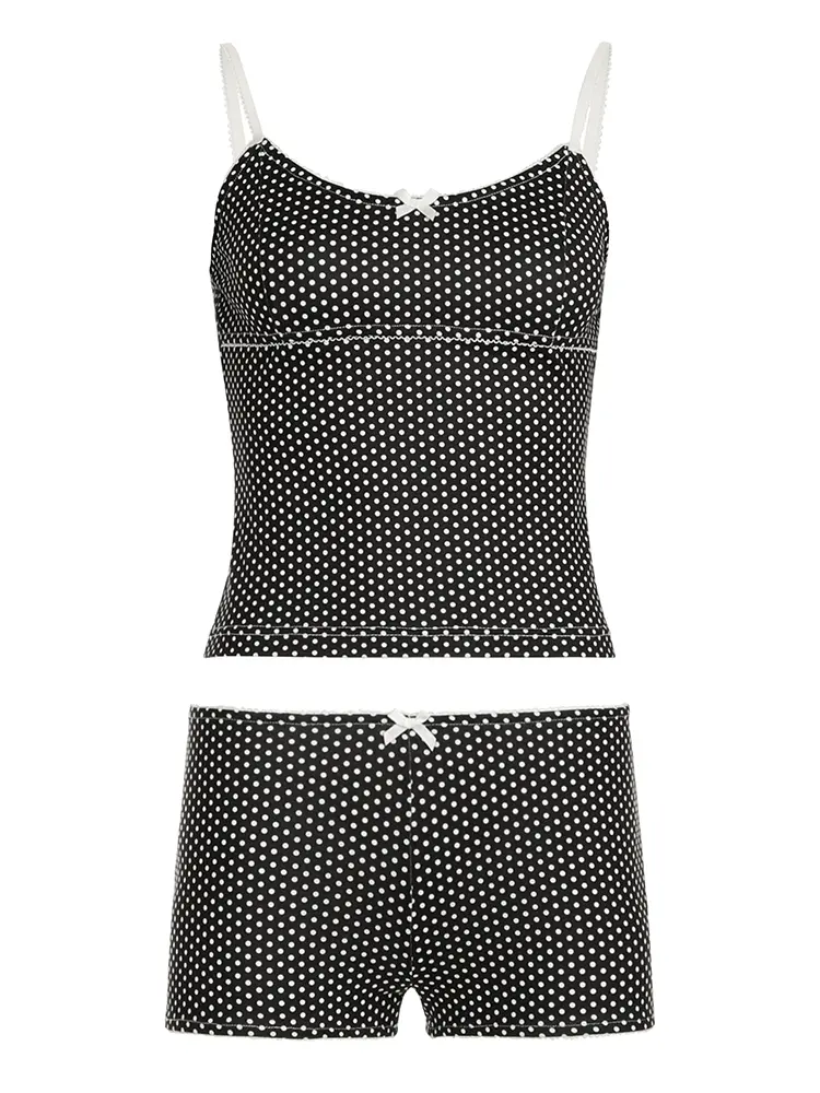 Rockmore Y2K Women Polka Dots 2 Piece Lace Shorts Set Sleeveless V Neck Cami Top Shorts Pajamas Sets Sleepwear Summer Homewear