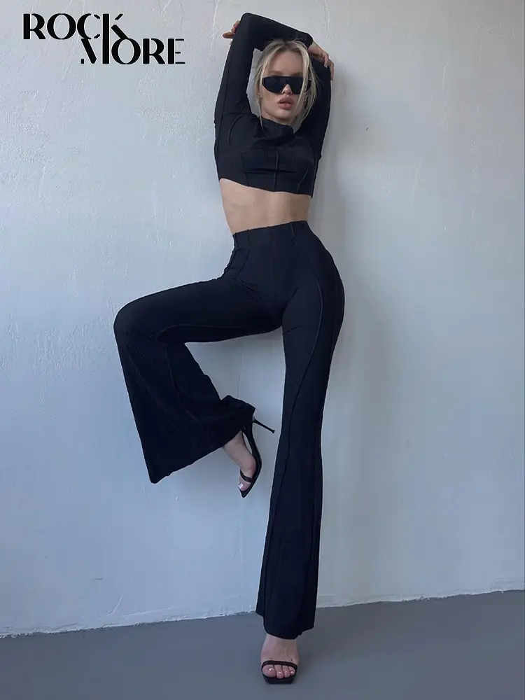 Rockmore Two Piece Set Women'S Tracksuit Yoga Knit Stitching Basic Crop Top Skinny Flare Pants Suit Fashion Body-Shaping Outfits