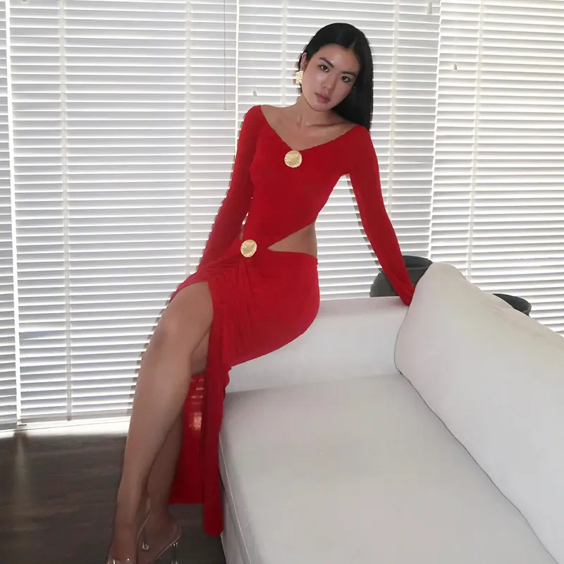 2 Piece Bodysuit and Long Skirt Set for Women Fashion Sequined Design Sexy V-Neck Flare Sleeve Tops Ruffled Slit Warp Skirt Suit