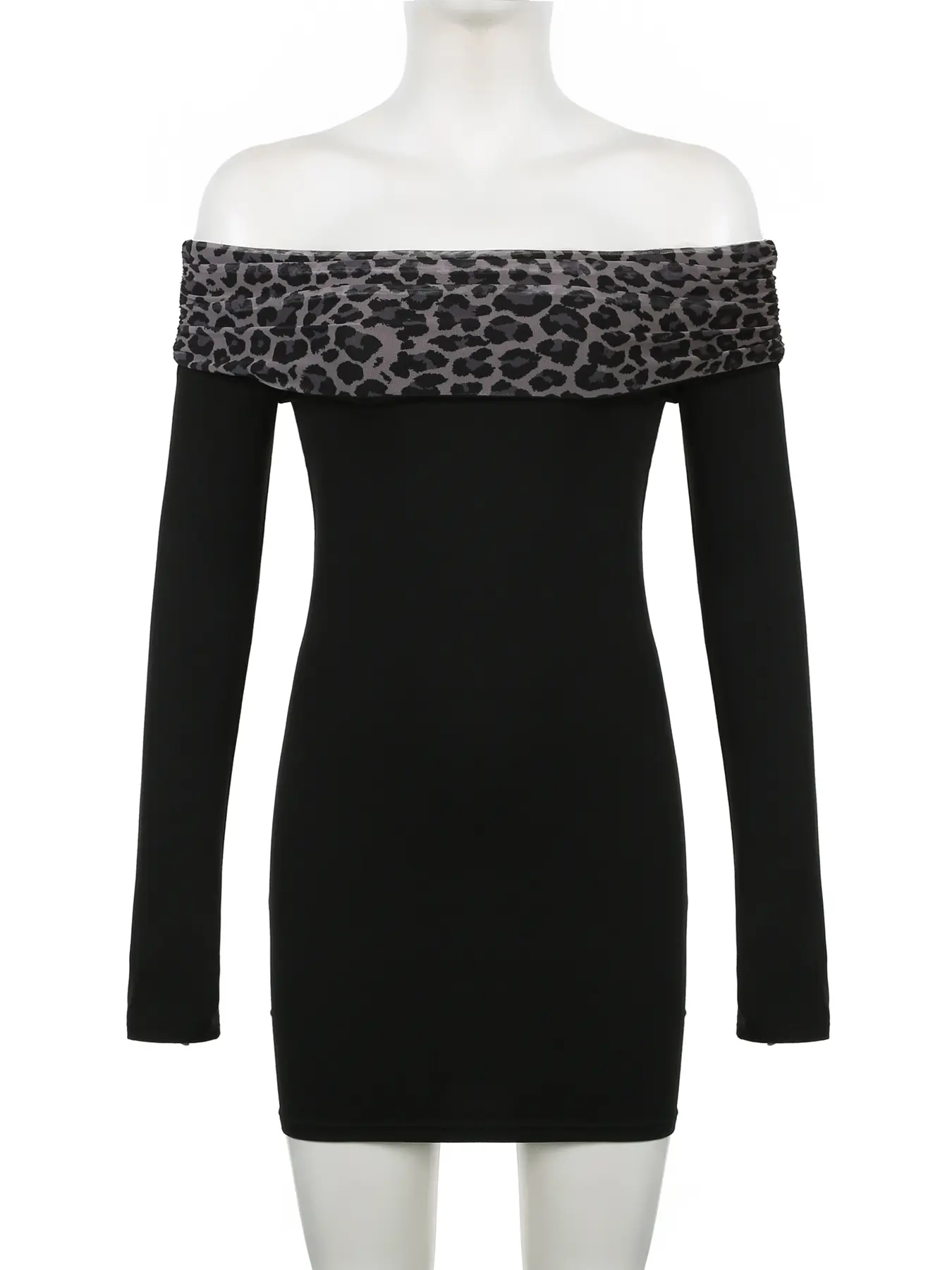 Rockmore Leopard Print Mesh Patchwork Folds Off-Shoulder Dress Vintage Slim Sexy Skinny Party Club Mini Dresses Lady Y2k Clothes
