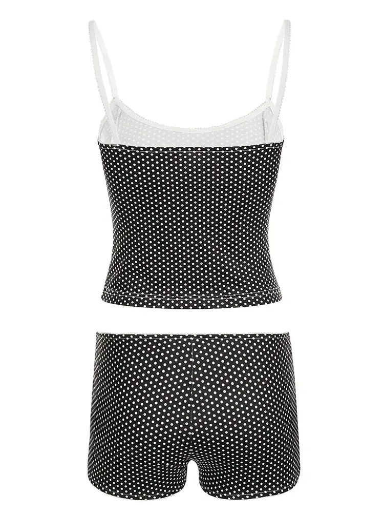 Rockmore Y2K Women Polka Dots 2 Piece Lace Shorts Set Sleeveless V Neck Cami Top Shorts Pajamas Sets Sleepwear Summer Homewear