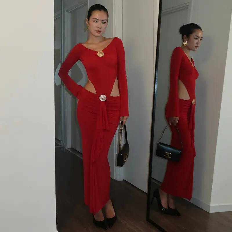 2 Piece Bodysuit and Long Skirt Set for Women Fashion Sequined Design Sexy V-Neck Flare Sleeve Tops Ruffled Slit Warp Skirt Suit