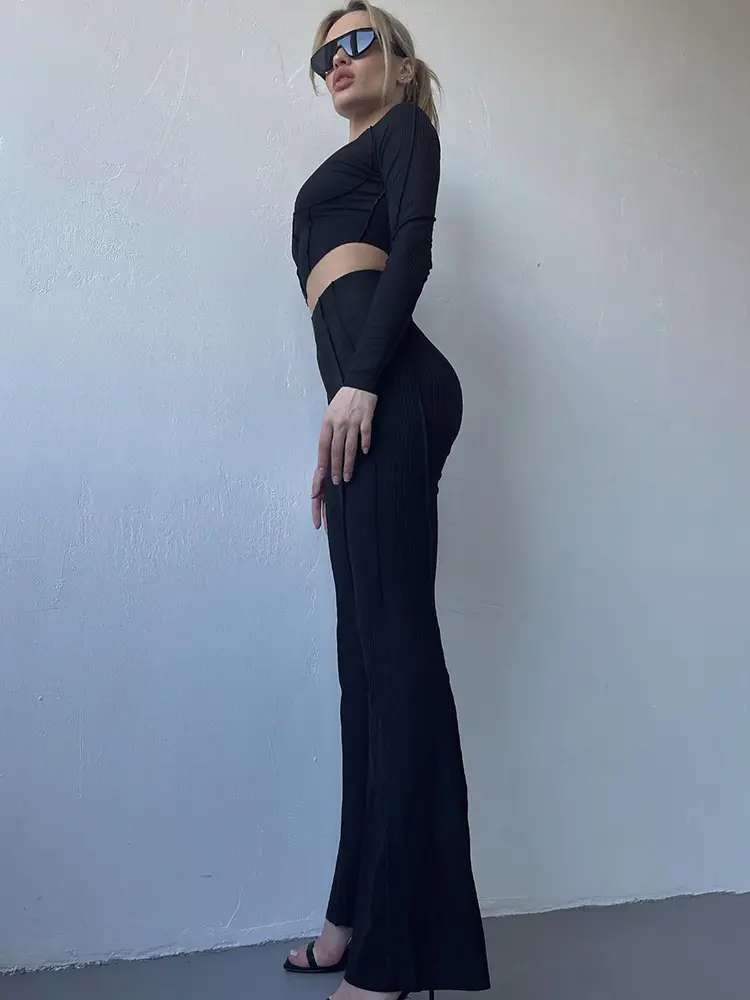 Rockmore Two Piece Set Women'S Tracksuit Yoga Knit Stitching Basic Crop Top Skinny Flare Pants Suit Fashion Body-Shaping Outfits