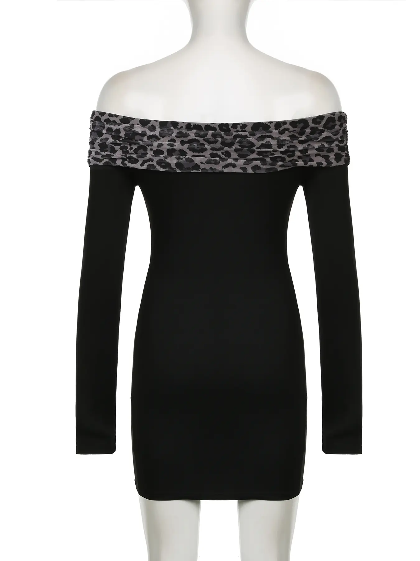 Rockmore Leopard Print Mesh Patchwork Folds Off-Shoulder Dress Vintage Slim Sexy Skinny Party Club Mini Dresses Lady Y2k Clothes