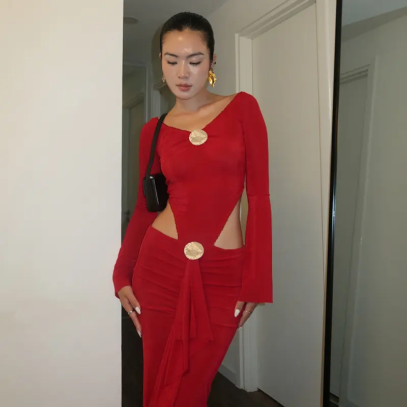 2 Piece Bodysuit and Long Skirt Set for Women Fashion Sequined Design Sexy V-Neck Flare Sleeve Tops Ruffled Slit Warp Skirt Suit