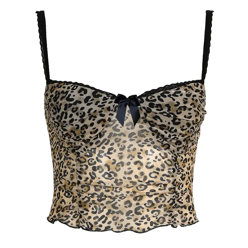 Rockmore Leopard Print Mesh Camis Streetwear Y2K Vintage Lace Bow see Through Sexy Summer Backless Crop Top Women Mini Vest 2024