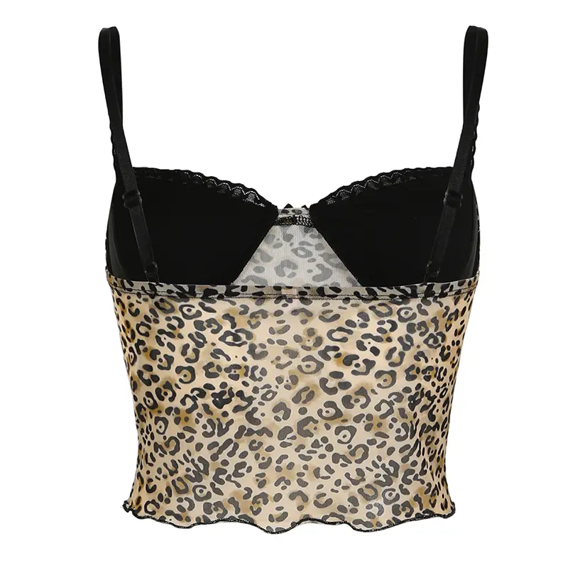 Rockmore Leopard Print Mesh Camis Streetwear Y2K Vintage Lace Bow see Through Sexy Summer Backless Crop Top Women Mini Vest 2024