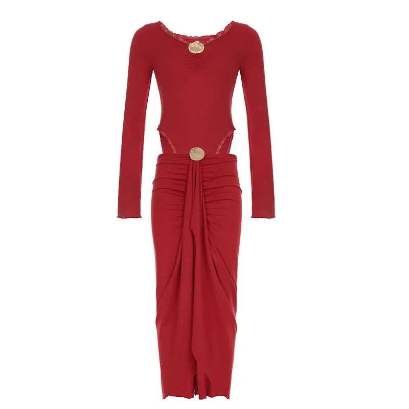 2 Piece Bodysuit and Long Skirt Set for Women Fashion Sequined Design Sexy V-Neck Flare Sleeve Tops Ruffled Slit Warp Skirt Suit