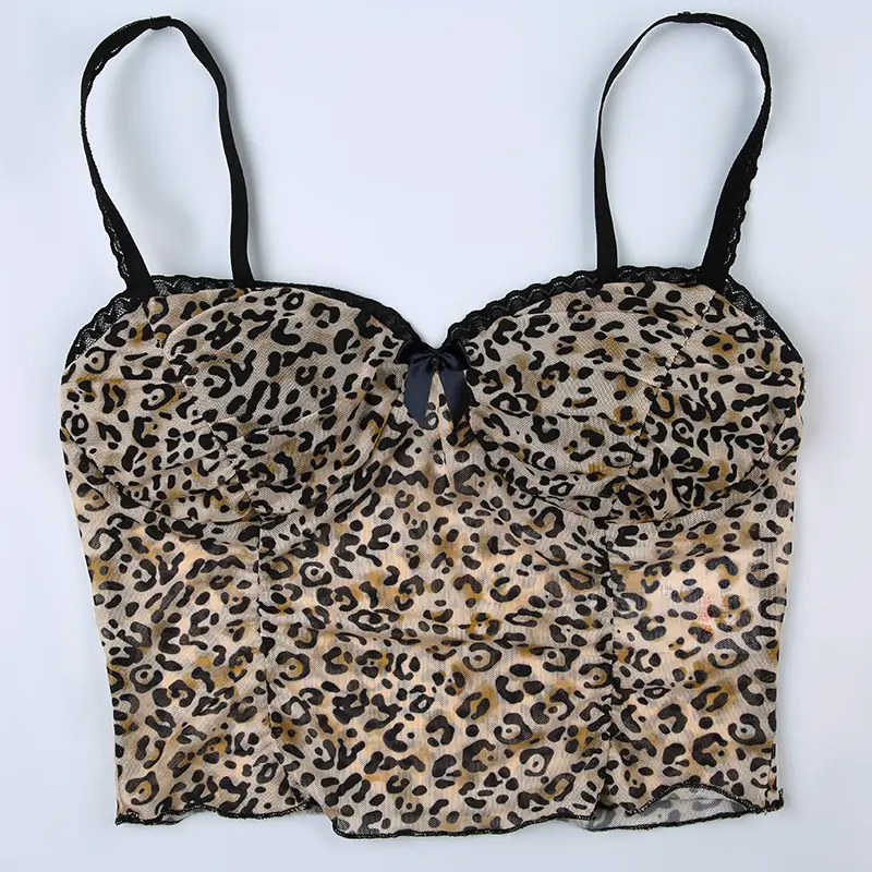 Rockmore Leopard Print Mesh Camis Streetwear Y2K Vintage Lace Bow see Through Sexy Summer Backless Crop Top Women Mini Vest 2024