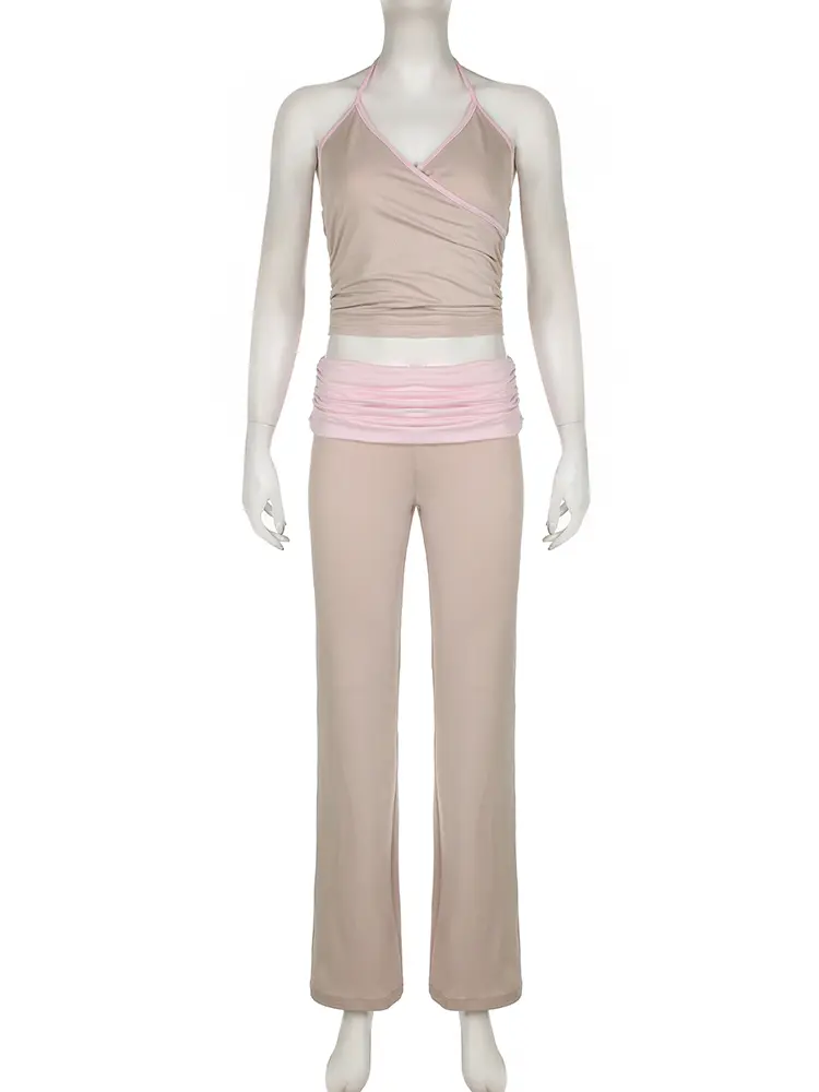 Rockmore Two Piece Set y2k Contrast Patchwork Women'S Tracksuit Halter Crop Top Casual Skinny Pants Suit Fashion Sexy Outfits