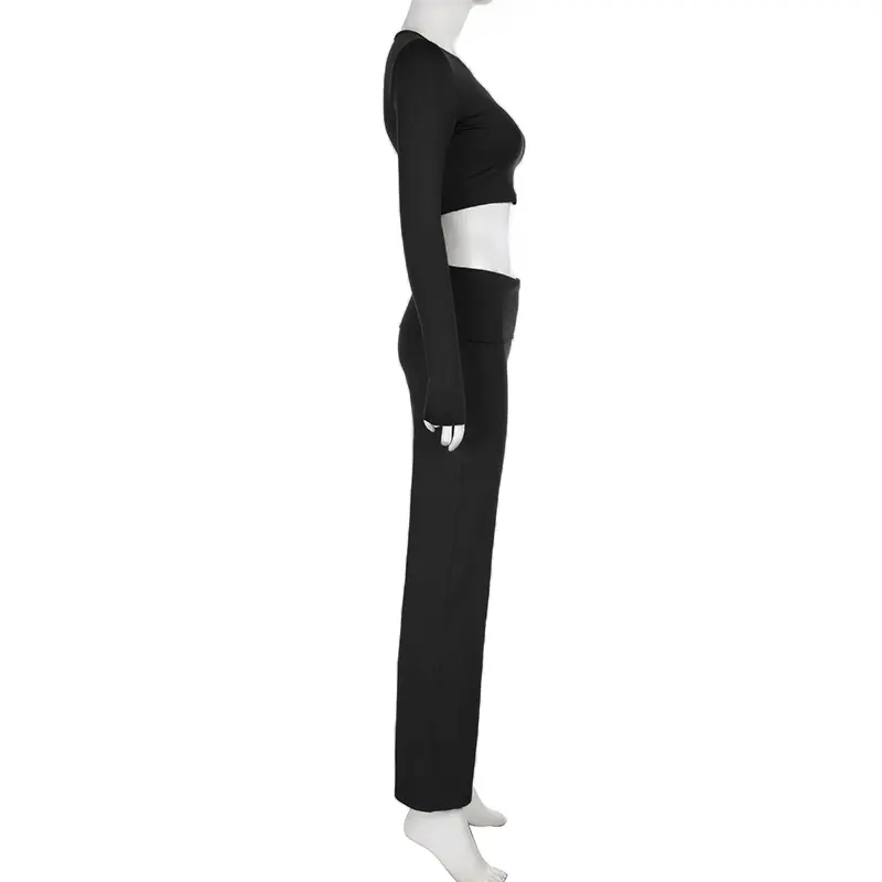 Rockmore Women Casual Long Sleeve Sets Autumn Black Basic Two Piece Crop Top Pants Suit Fashion Female Slim Fit Outfits 2014