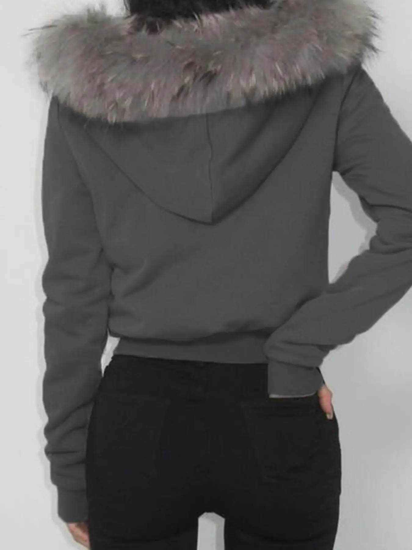 Rockmore Fur Patchwork Hooded Letter Embroidery Zipper Coat Skinny Padded Sweatshirt Jacket Casual Hoodies Y2k Streetwear Female