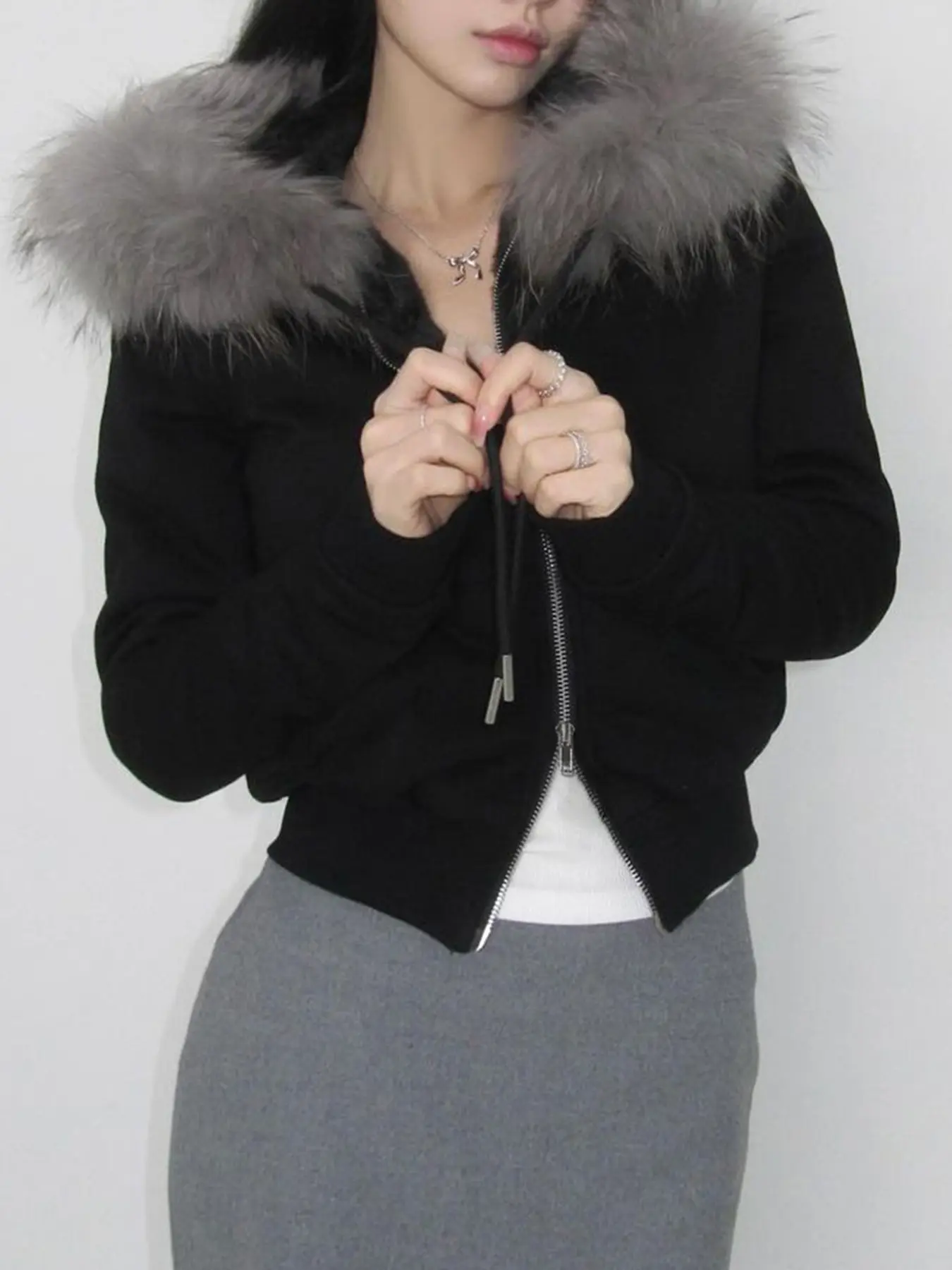 Rockmore Fur Patchwork Hooded Letter Embroidery Zipper Coat Skinny Padded Sweatshirt Jacket Casual Hoodies Y2k Streetwear Female