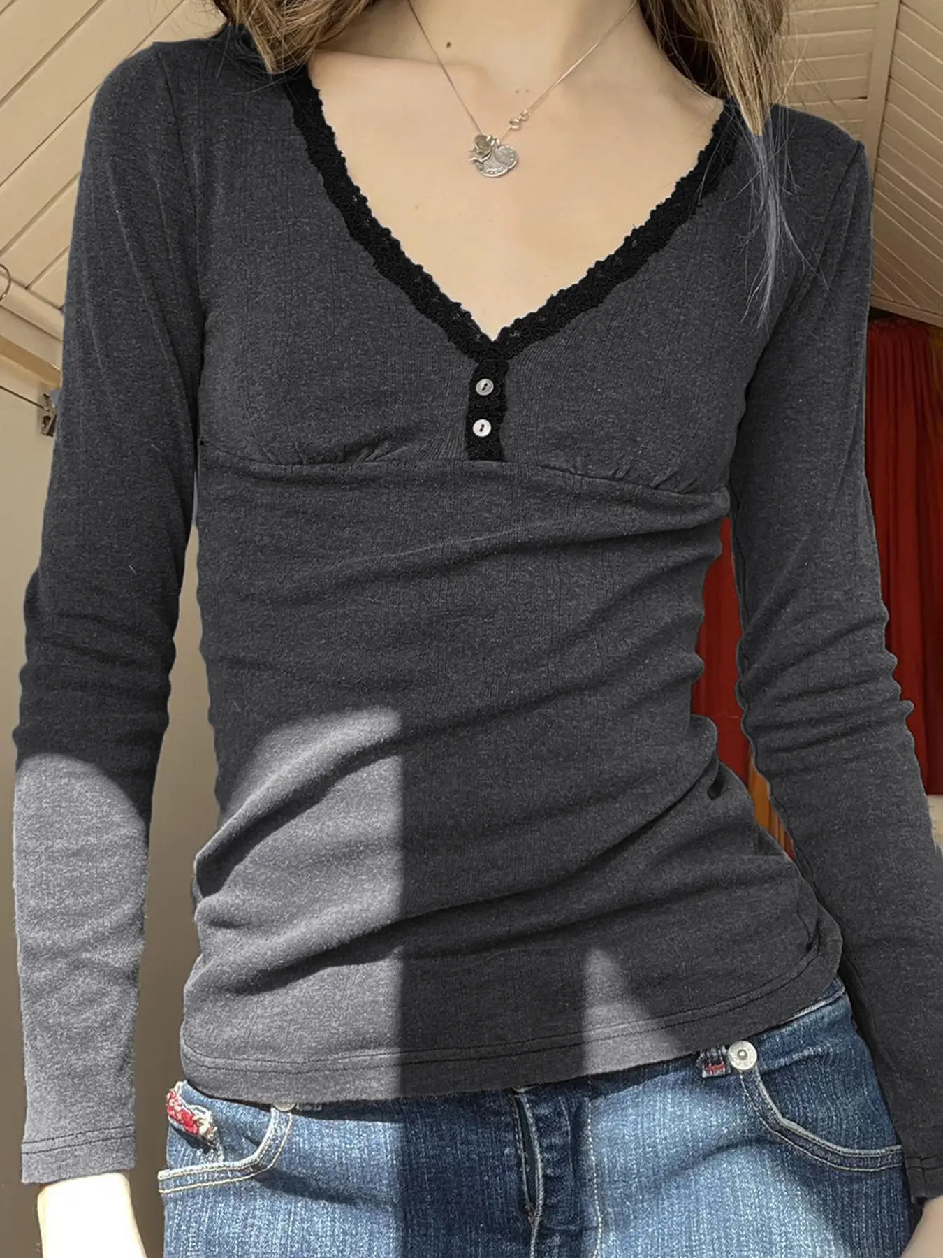 Rockmore Lace Patchwork Button Up T-Shirts for Women Elegant Chic Long Sleeve Pullover Basic Korean Fashion Y2K Streetwear Tops