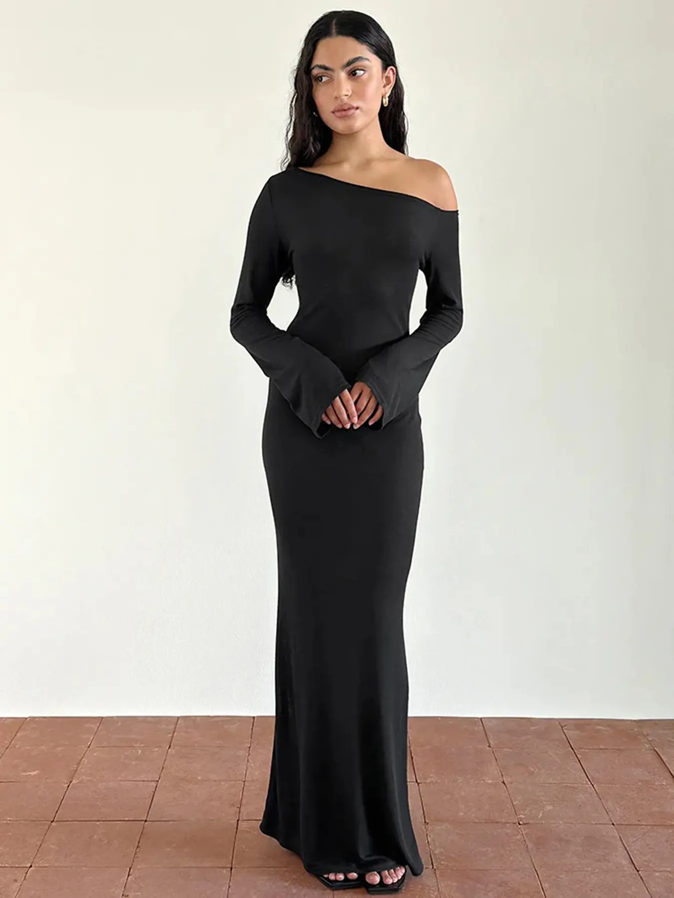 Rockmore Elegant Slash Neck Long Women's Dress Black Sexy High Waist Female Long Sleeve Bodycon Trumpet Dress Party Club Outfits
