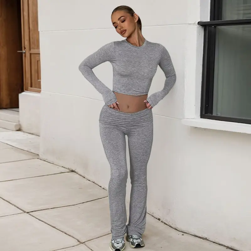 Rockmore Two-piece Solid Casual Long Sleeve Sets Women Autumn Basic Crop Top & Pants Suit All-match Female Slim Outfits Korean