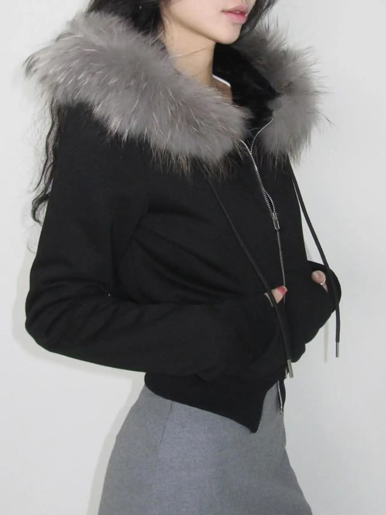 Rockmore Fur Patchwork Hooded Letter Embroidery Zipper Coat Skinny Padded Sweatshirt Jacket Casual Hoodies Y2k Streetwear Female