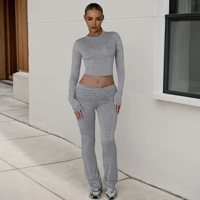 Rockmore Two-piece Solid Casual Long Sleeve Sets Women Autumn Basic Crop Top & Pants Suit All-match Female Slim Outfits Korean