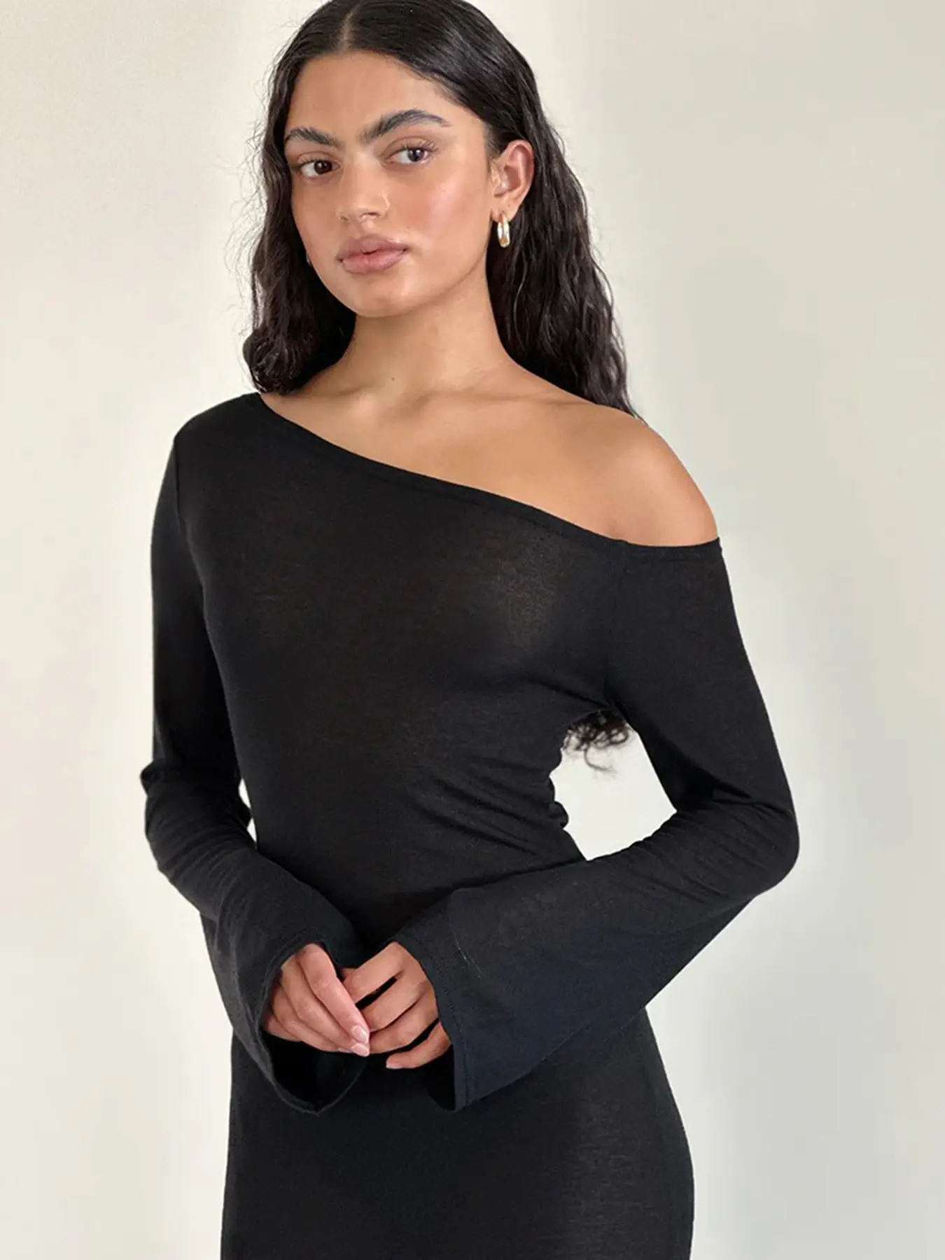 Rockmore Elegant Slash Neck Long Women's Dress Black Sexy High Waist Female Long Sleeve Bodycon Trumpet Dress Party Club Outfits
