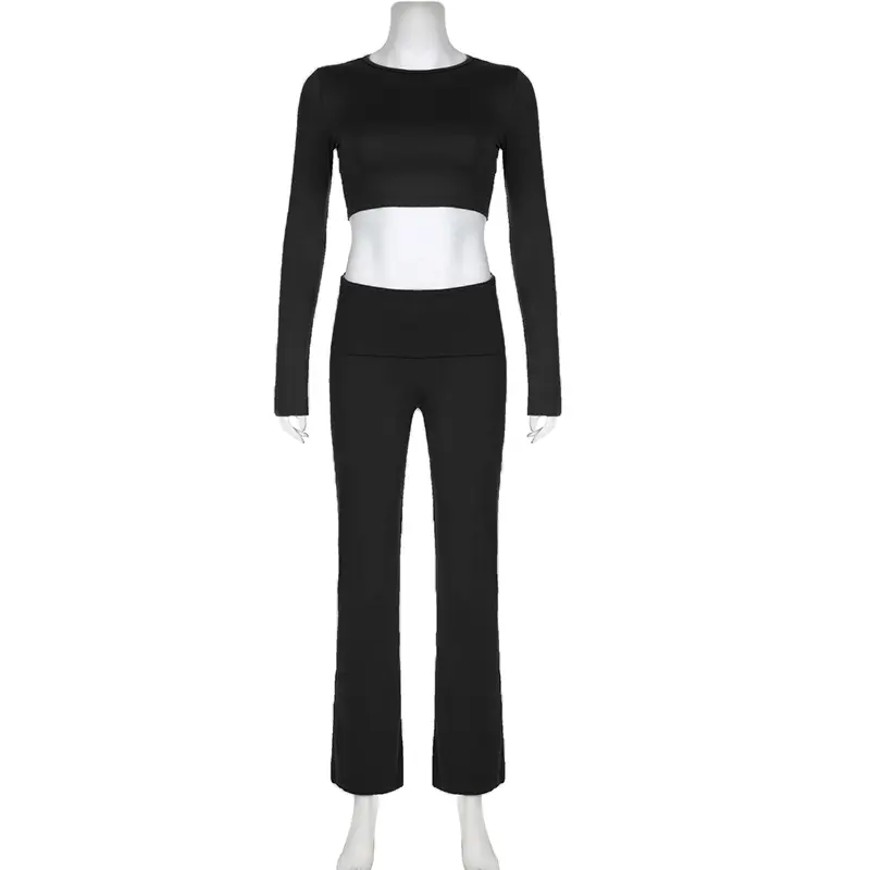 Rockmore Two-piece Solid Casual Long Sleeve Sets Women Autumn Basic Crop Top & Pants Suit All-match Female Slim Outfits Korean