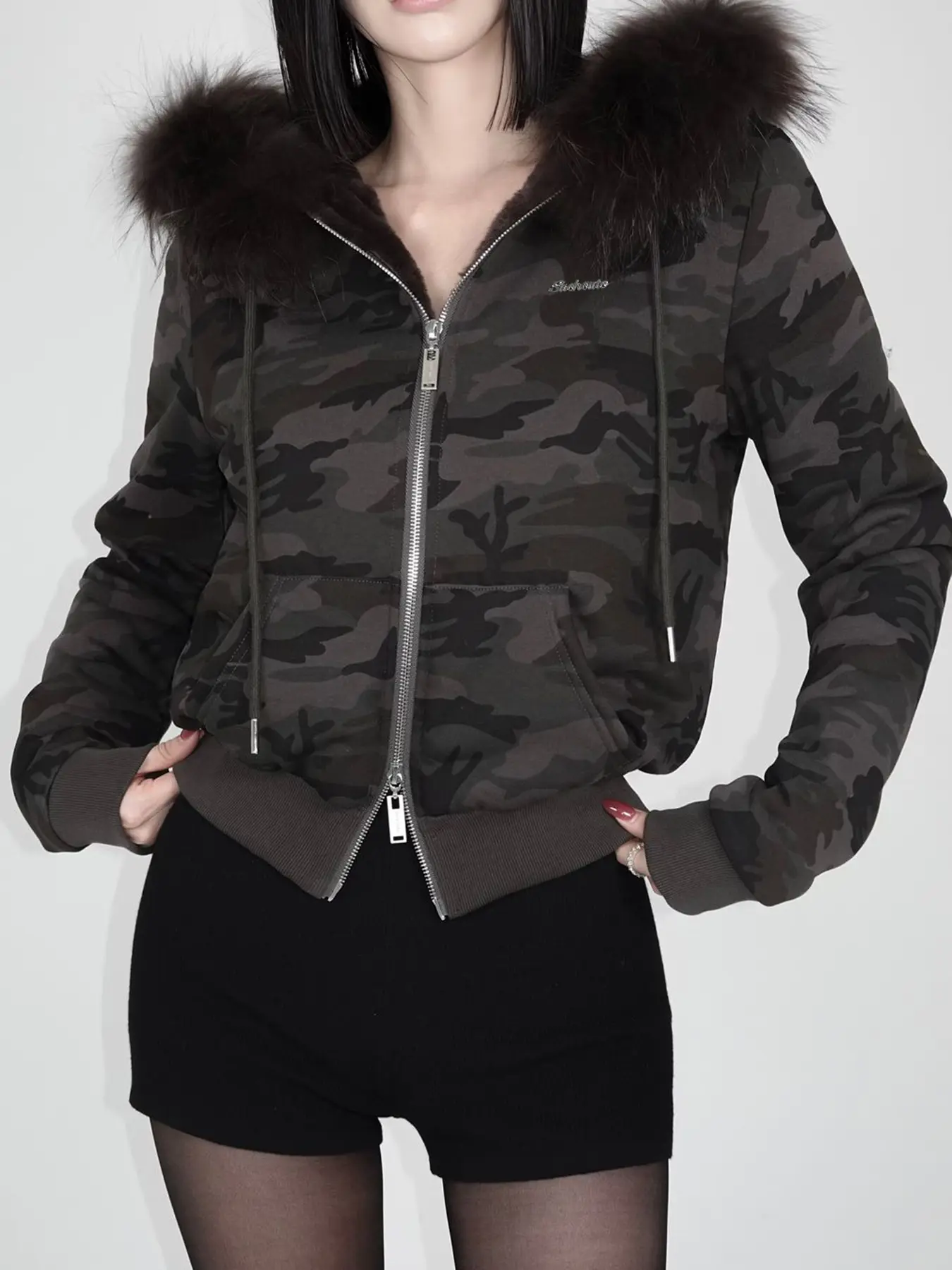 Rockmore Fur Patchwork Hooded Letter Embroidery Zipper Coat Skinny Padded Sweatshirt Jacket Casual Hoodies Y2k Streetwear Female