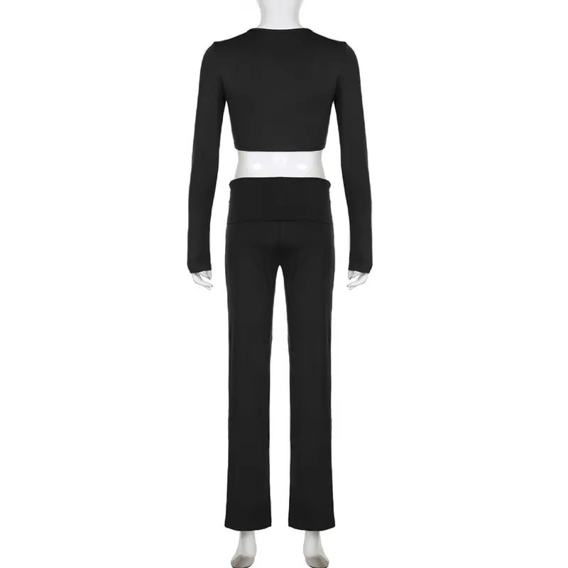 Rockmore Two-piece Solid Casual Long Sleeve Sets Women Autumn Basic Crop Top & Pants Suit All-match Female Slim Outfits Korean