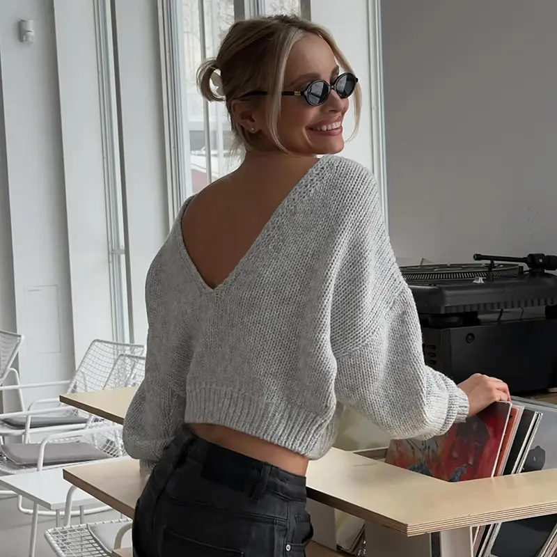 Rockmore Backless V-neck Sweater Streetwear Women Loose Pullover Elegant Casual Long Sleeve Crop Tops Korean Autumn Clothes