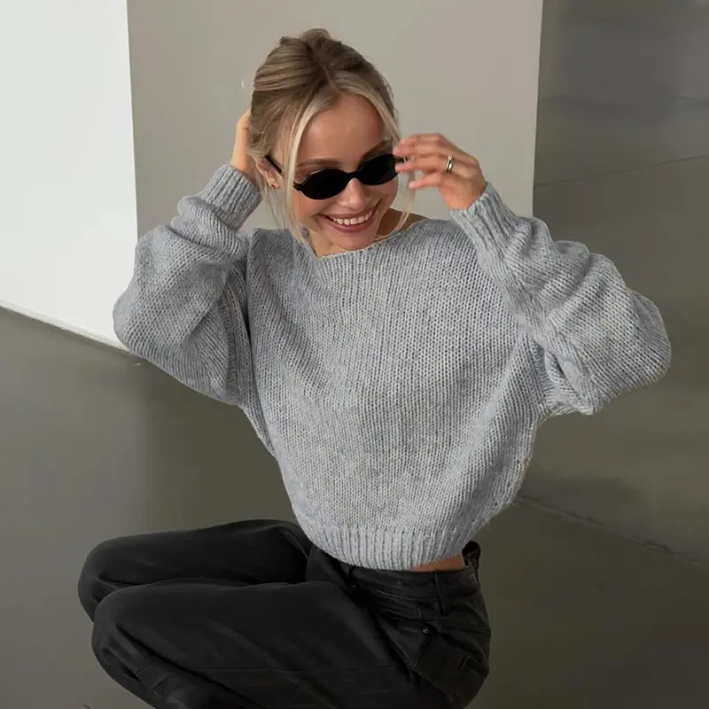 Rockmore Backless V-neck Sweater Streetwear Women Loose Pullover Elegant Casual Long Sleeve Crop Tops Korean Autumn Clothes