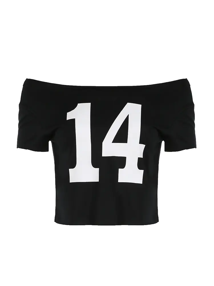 Rockmore Number "14" Print Off Shoulder Crop Top Tee Women Casual Short Sleeve T-shirt Y2K Streetwear Summer Ladies Clothes 2024