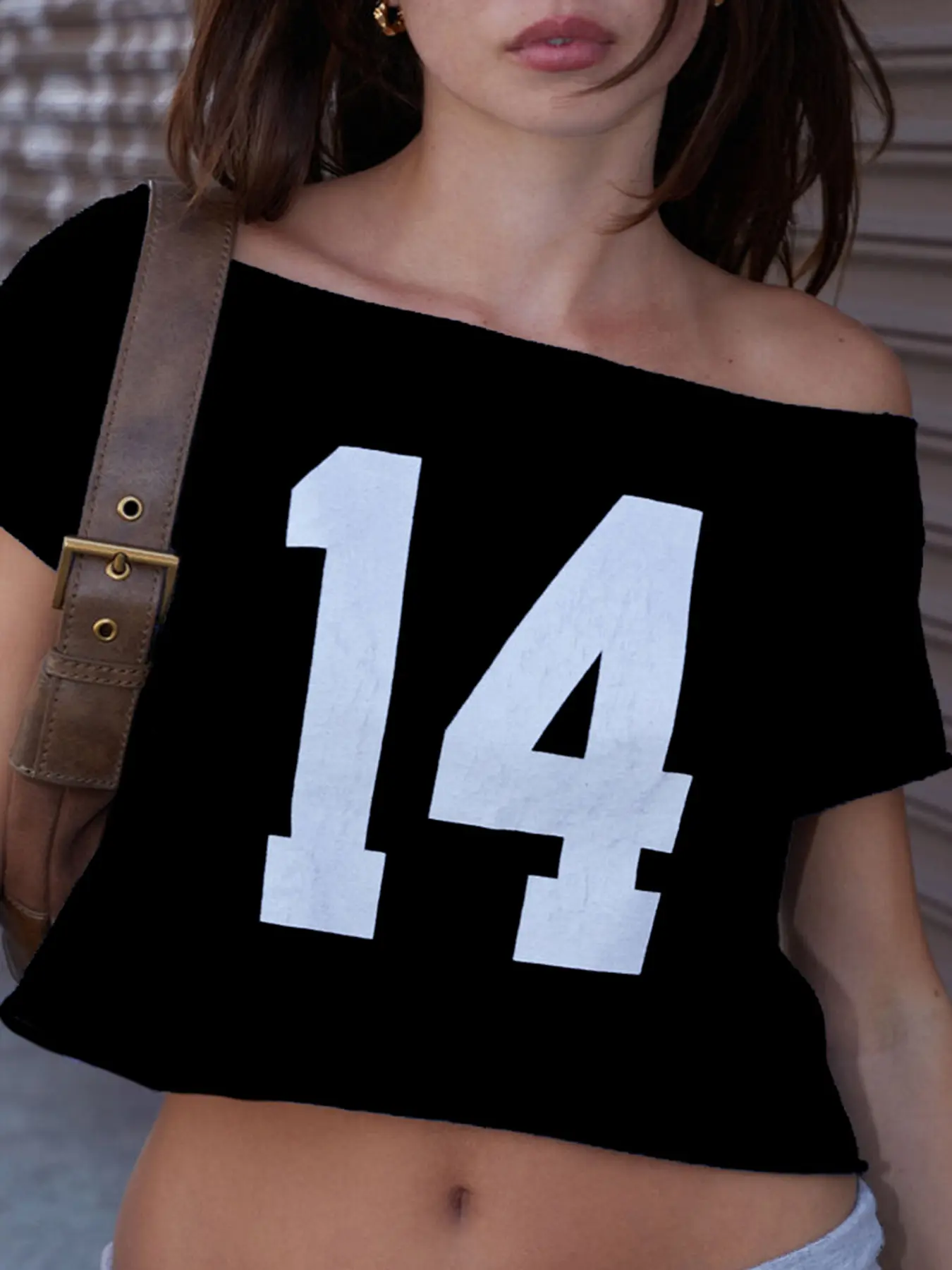 Rockmore Number "14" Print Off Shoulder Crop Top Tee Women Casual Short Sleeve T-shirt Y2K Streetwear Summer Ladies Clothes 2024