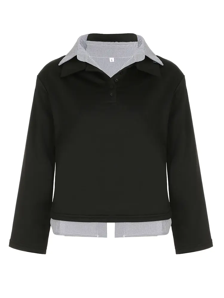 Rockmore Patchwork Contrast Button Front Women's Sweatshirt Loose Casual Drop Shoulder Long Sleeve Turn-down Collar Pullover