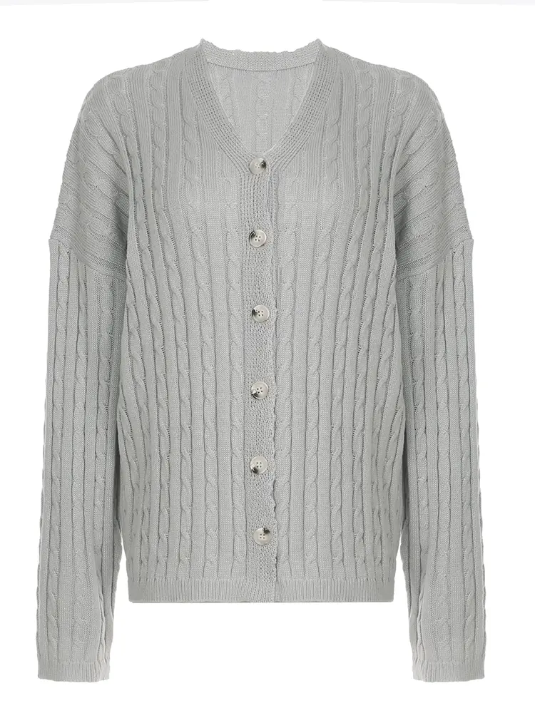 Rockmore Twill Loose Sweater Cardigan for Women Elegant Long Sleeve Oversized Buttons Knitted Top Solid Fall Streetwear Sweaters