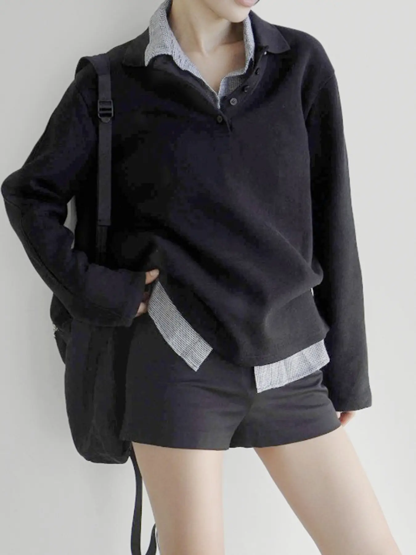 Rockmore Patchwork Contrast Button Front Women's Sweatshirt Loose Casual Drop Shoulder Long Sleeve Turn-down Collar Pullover