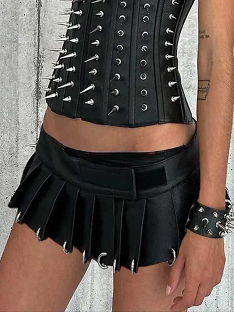 Rockmore Metal Ring Buckle Pleated Leather Skirt One-piece Low Waist Gothic Black Streetwear PU Women'S Mini Skirt Clubwear Sexy