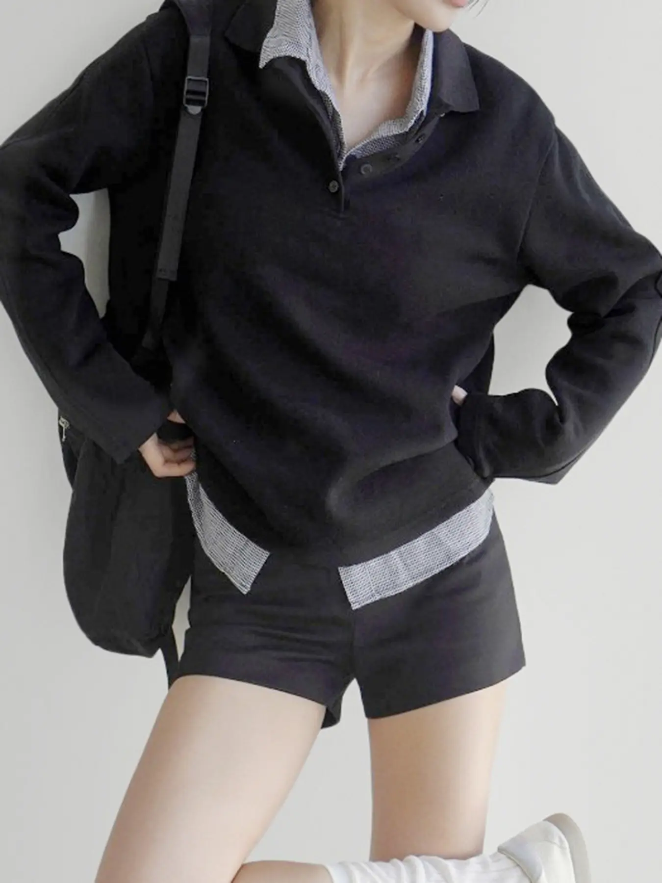 Rockmore Patchwork Contrast Button Front Women's Sweatshirt Loose Casual Drop Shoulder Long Sleeve Turn-down Collar Pullover