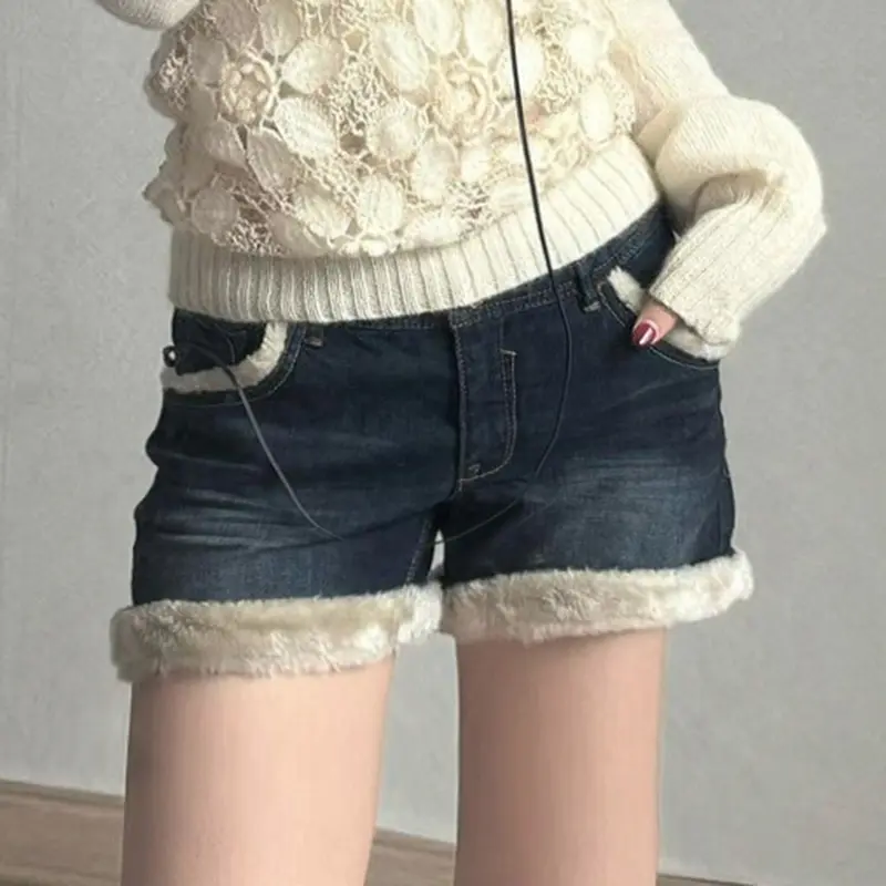Rockmore Fur Patchwork Women's Short Jeans Distressed Low Waist Luxury Mini Denim Shorts 2025 Summer Fashion