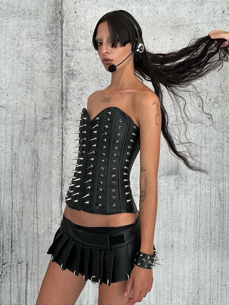 Rockmore Metal Ring Buckle Pleated Leather Skirt One-piece Low Waist Gothic Black Streetwear PU Women'S Mini Skirt Clubwear Sexy