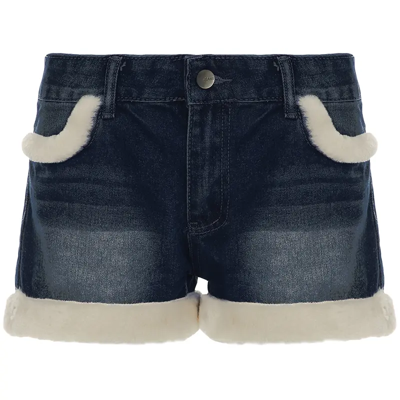 Rockmore Fur Patchwork Women's Short Jeans Distressed Low Waist Luxury Mini Denim Shorts 2025 Summer Fashion