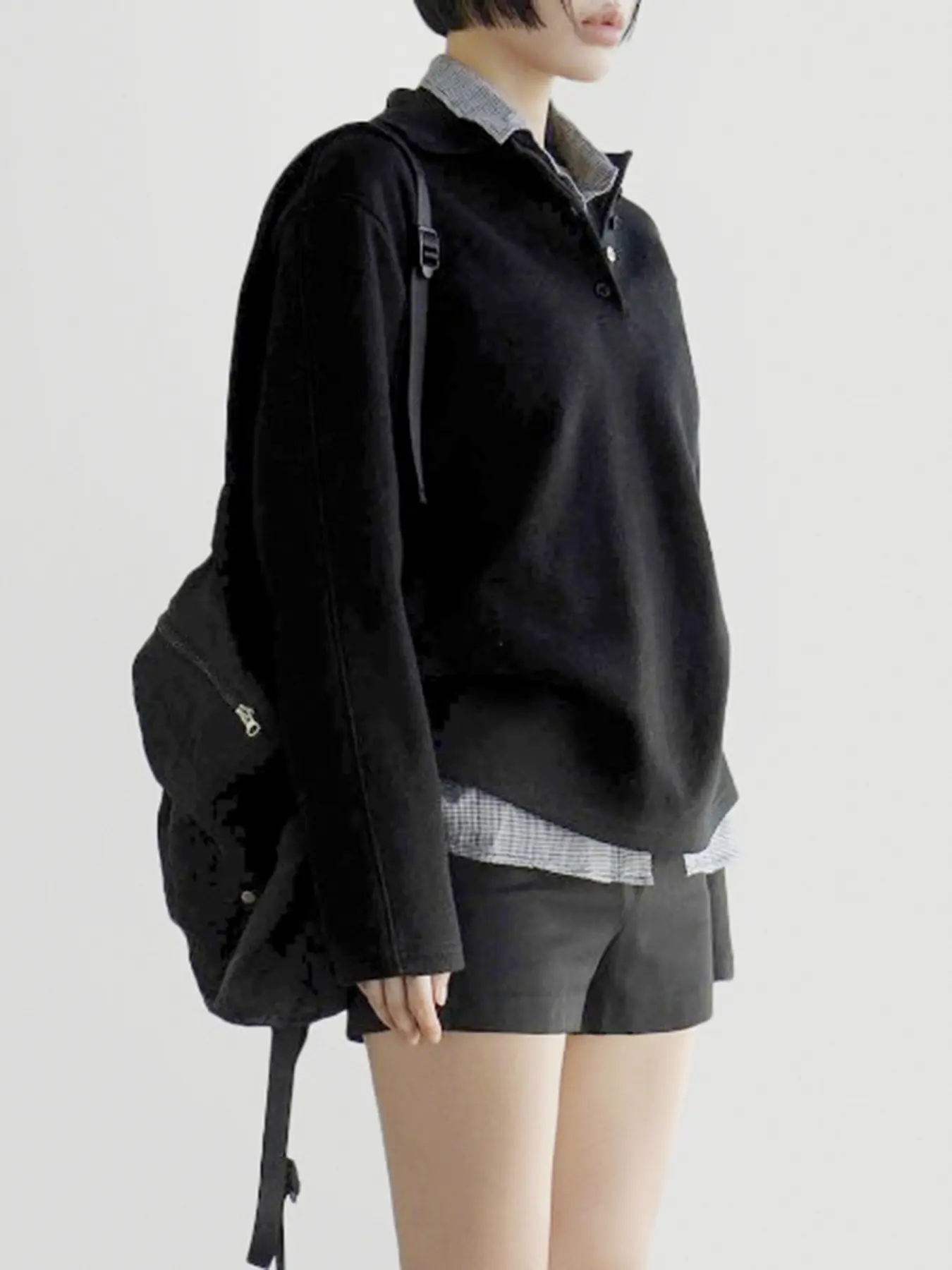 Rockmore Patchwork Contrast Button Front Women's Sweatshirt Loose Casual Drop Shoulder Long Sleeve Turn-down Collar Pullover