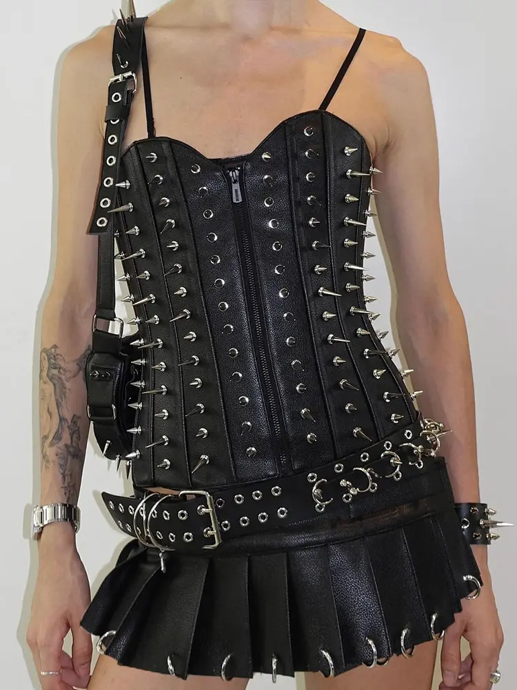 Rockmore Metal Ring Buckle Pleated Leather Skirt One-piece Low Waist Gothic Black Streetwear PU Women'S Mini Skirt Clubwear Sexy
