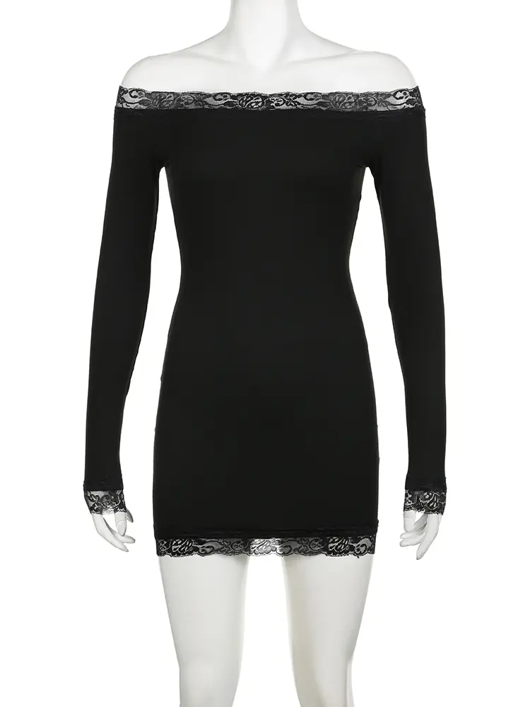 Rockmore Lace Off Shoulder Sexy Bodycon Dress Women's Elegant Long Sleeve Solid Slim Mini Dresses Fashion Party Club Clothes