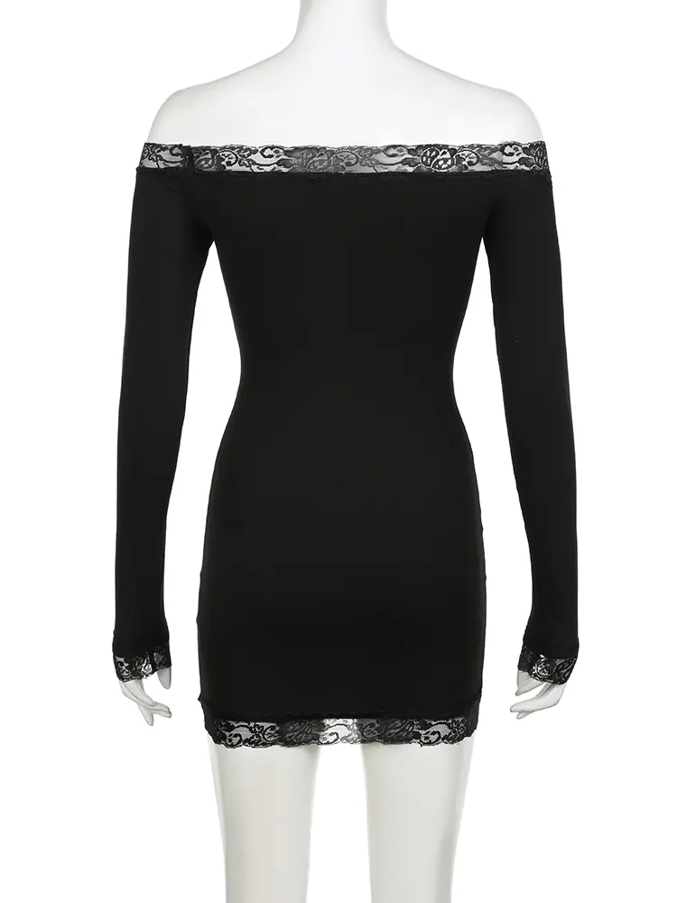 Rockmore Lace Off Shoulder Sexy Bodycon Dress Women's Elegant Long Sleeve Solid Slim Mini Dresses Fashion Party Club Clothes