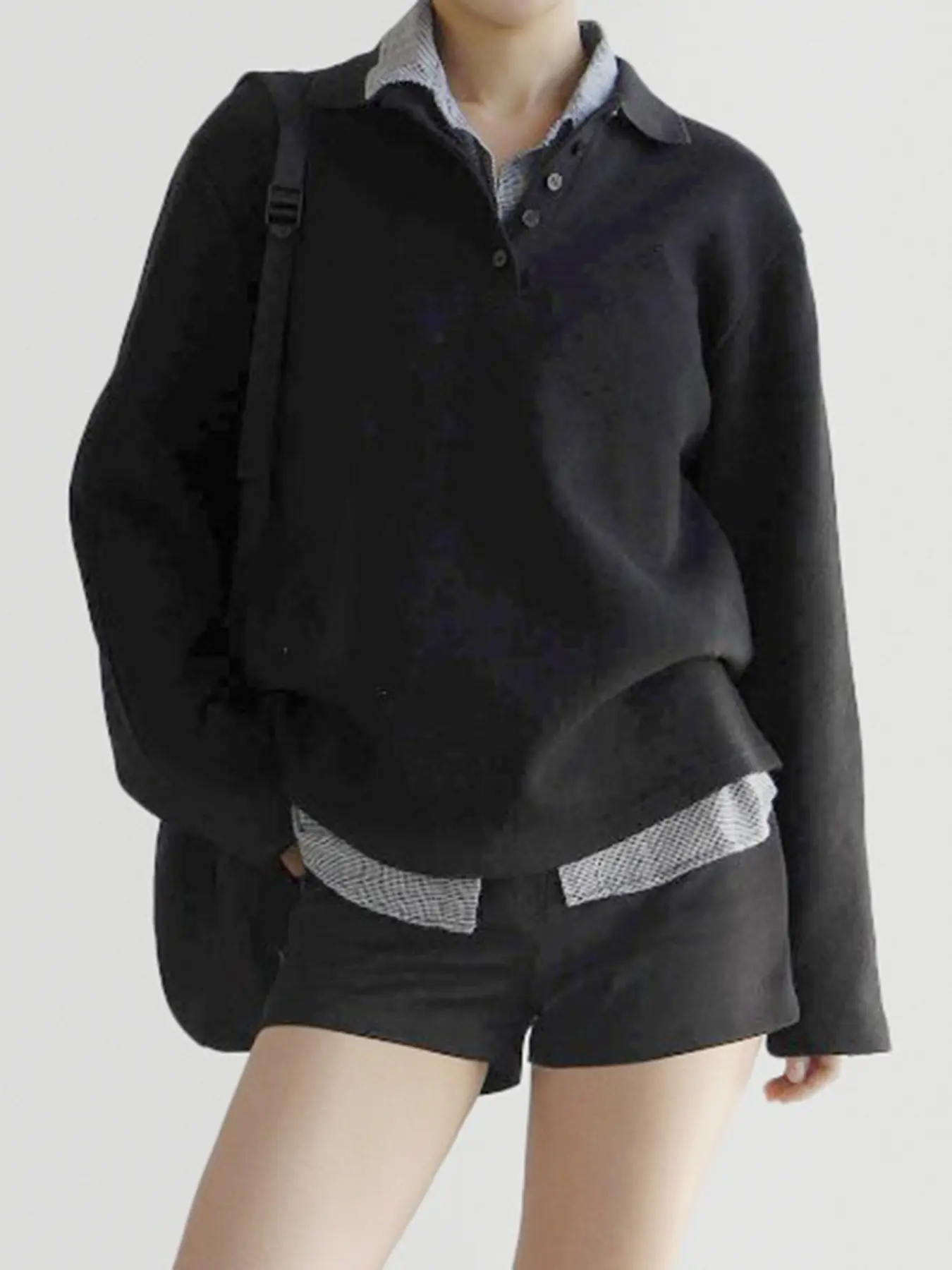 Rockmore Patchwork Contrast Button Front Women's Sweatshirt Loose Casual Drop Shoulder Long Sleeve Turn-down Collar Pullover
